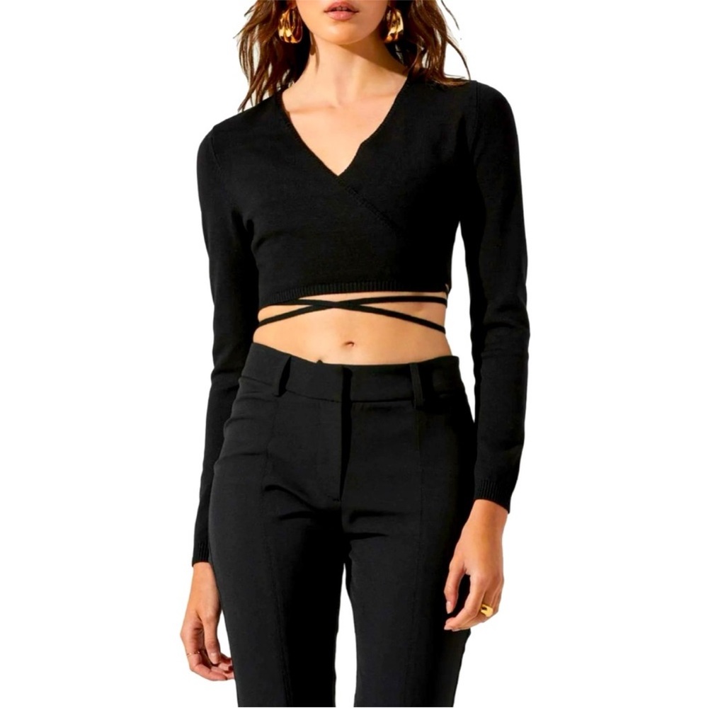Astr Black Long Sleeve Wrap Crop Top